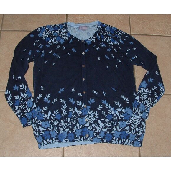 Navy Blue Floral Sz XL Casual or Dress Lightweight Cardigan Sweater LAURA SCOTT - Picture 1 of 4